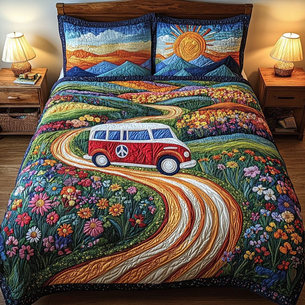 Retro Road Dreams quilted 3-piece bedding set on a made bed in a farmhouse bedroom