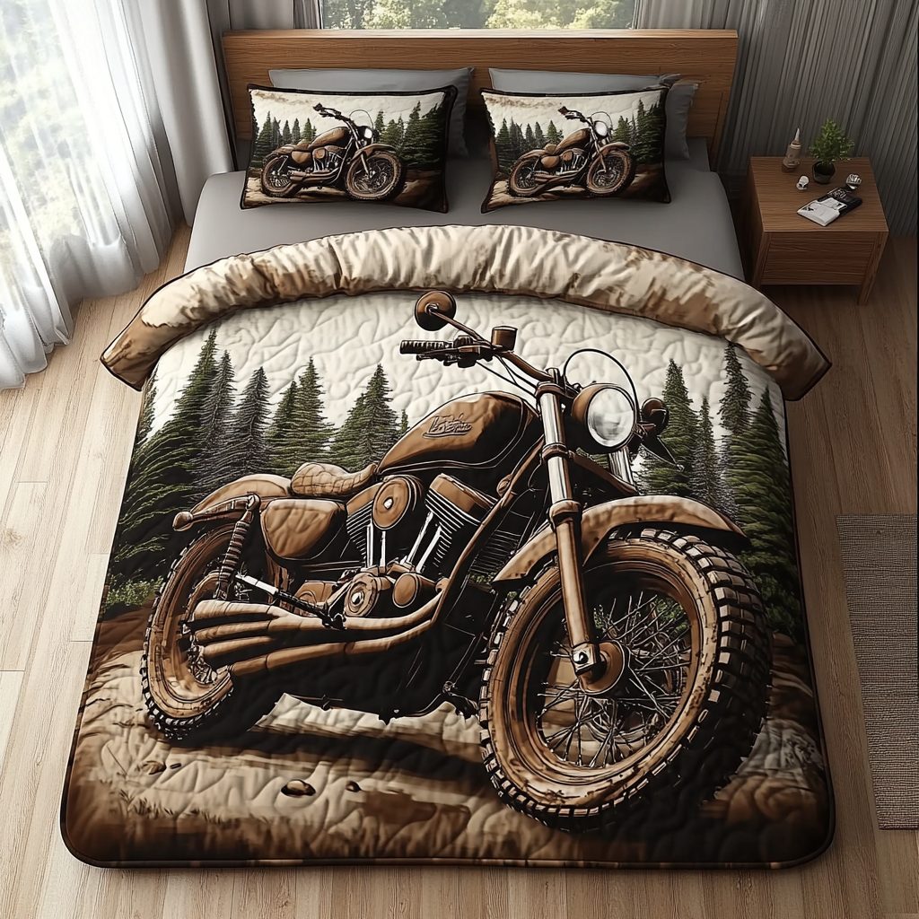 Retro Roadster quilted 3-piece bedding set on a made bed in a farmhouse bedroom