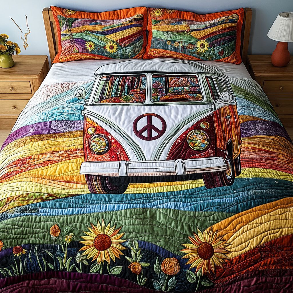 Retro Roadster quilted 3-piece bedding set on a made bed in a farmhouse bedroom