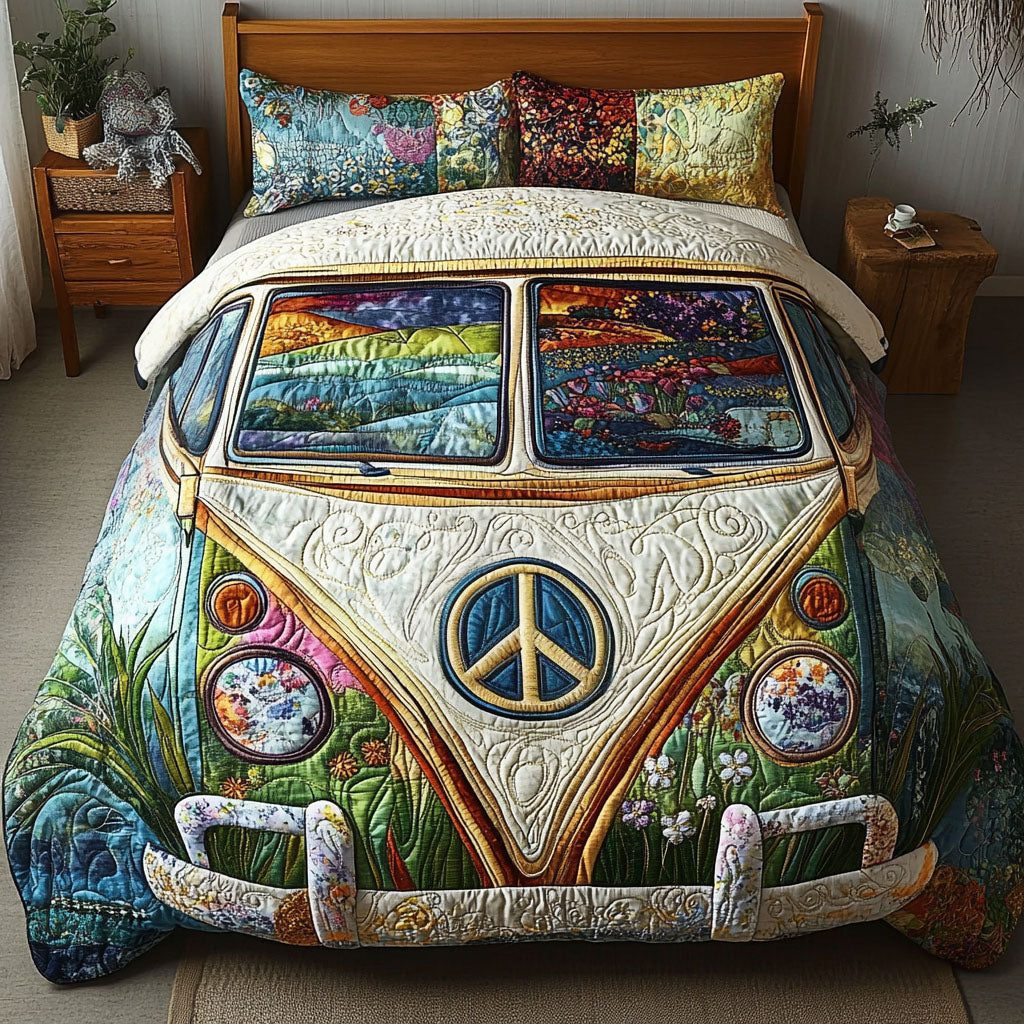 Retro Roadtrip Bliss quilted 3-piece bedding set on a made bed in a farmhouse bedroom