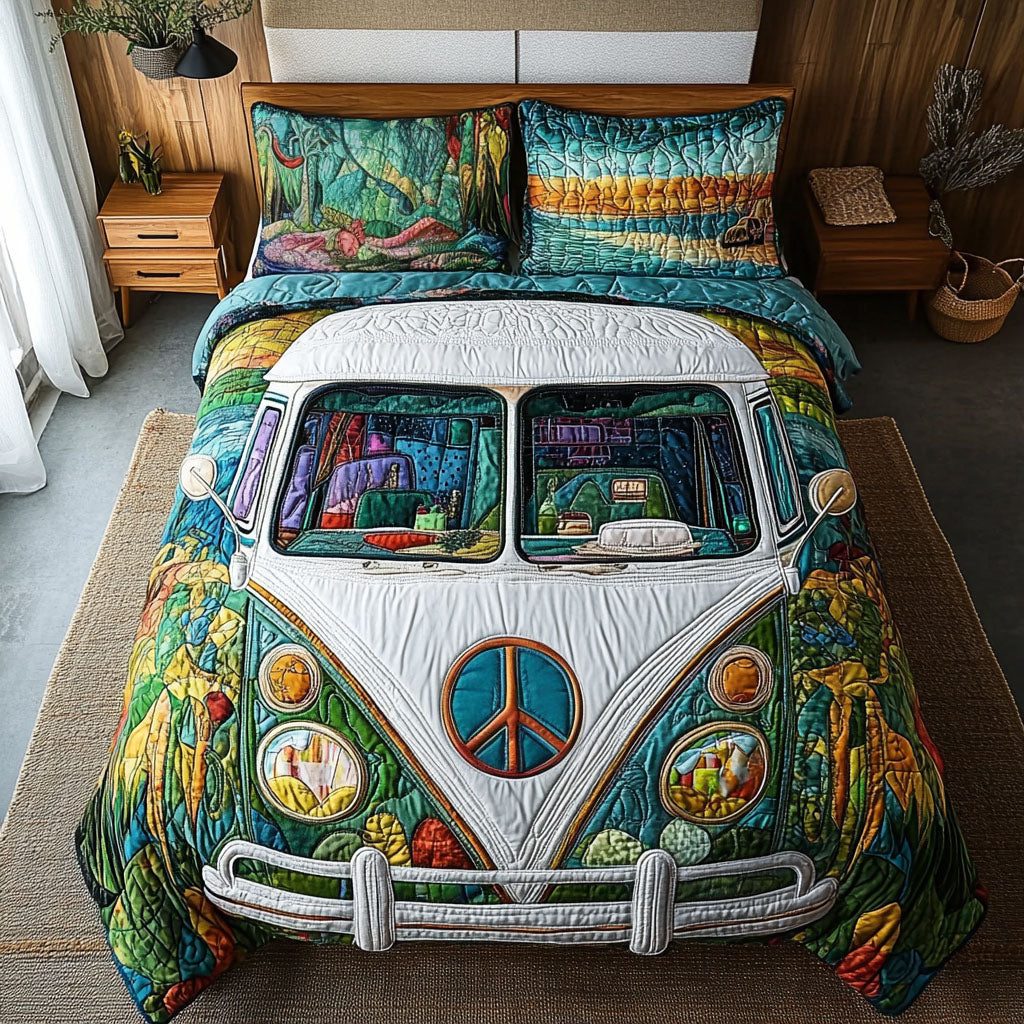 Retro Roadtrip quilted 3-piece bedding set on a made bed in a farmhouse bedroom
