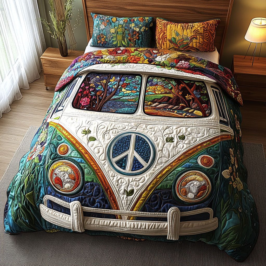 Retro Roadtrip Retreat quilted 3-piece bedding set on a made bed in a farmhouse bedroom