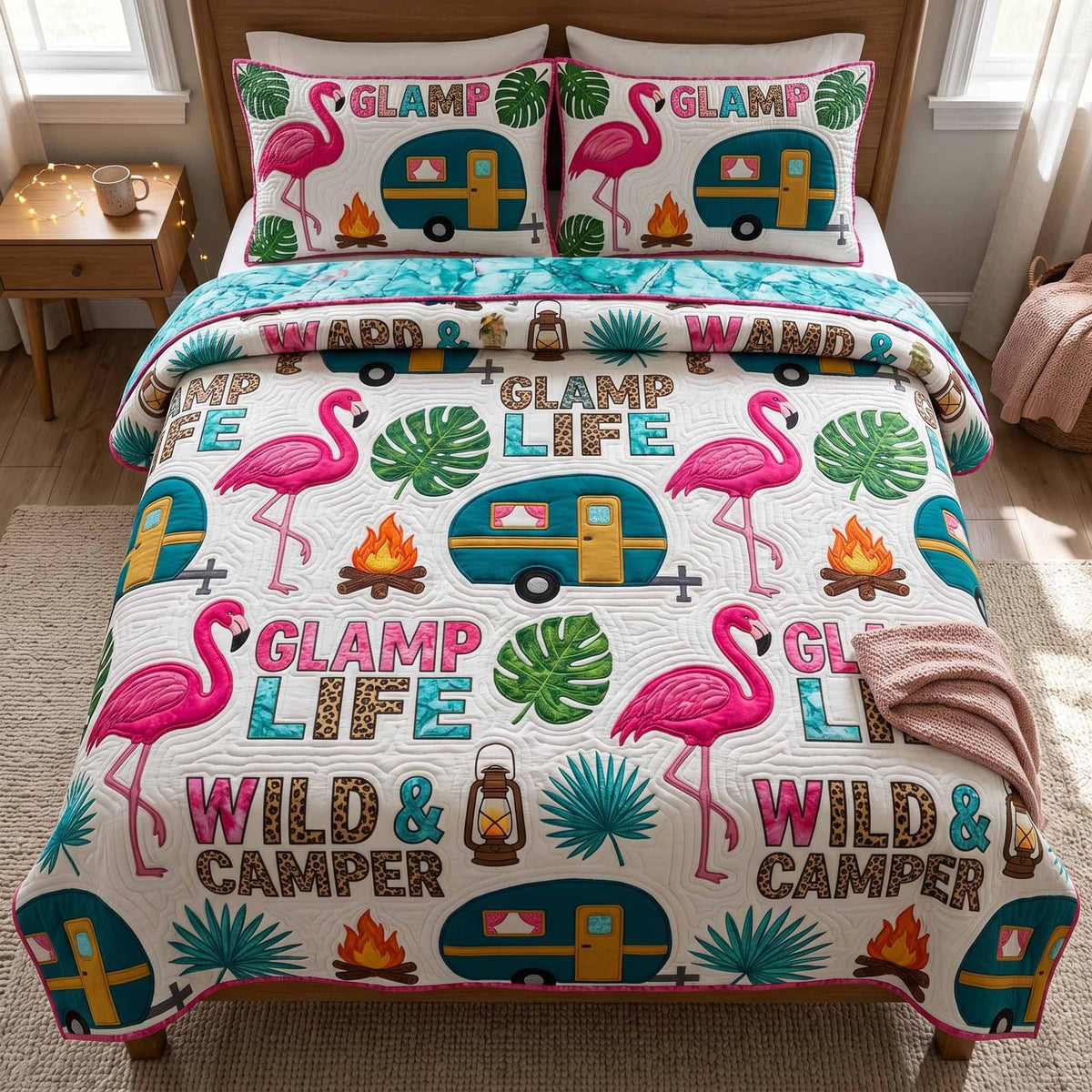 Retro Trailer quilted 3-piece bedding set on a made bed in a farmhouse bedroom