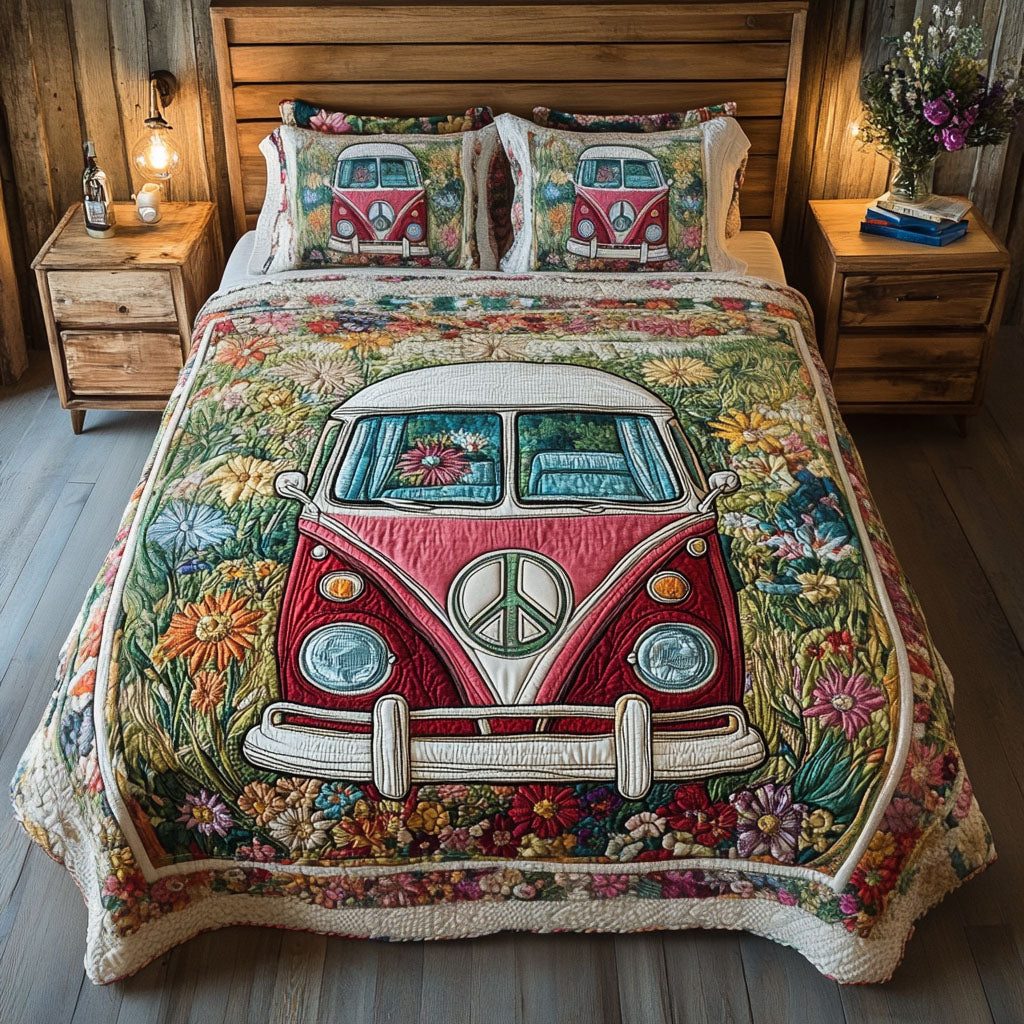 Retro Van Escape quilted 3-piece bedding set on a made bed in a farmhouse bedroom
