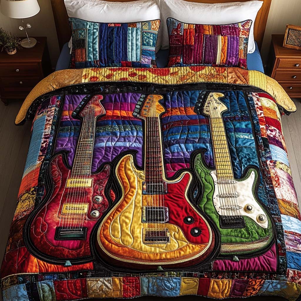 Rhythm Colors quilted 3-piece bedding set on a made bed with two matching pillow shams