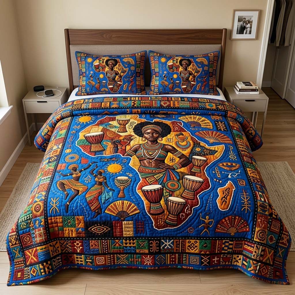 Rhythm Queen quilted 3-piece bedding set on a made bed with two matching pillow shams