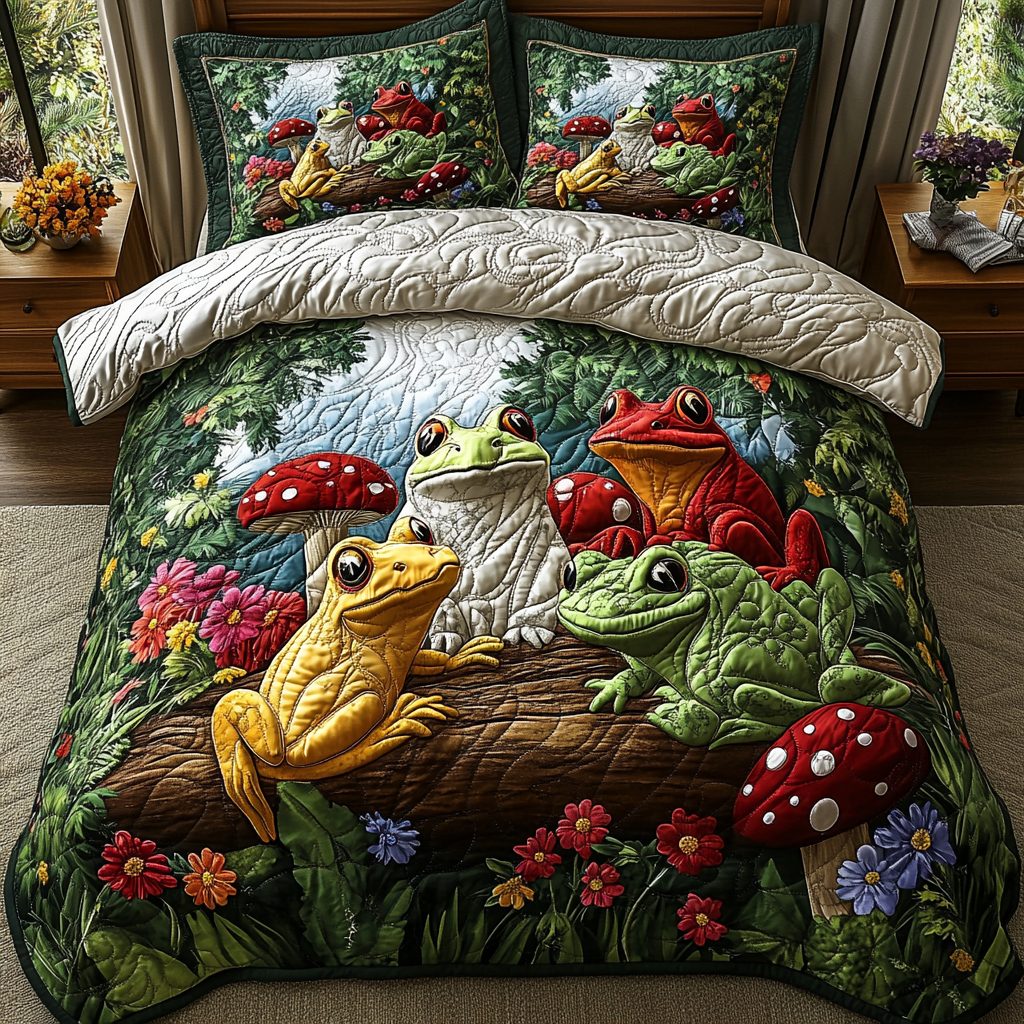 Ribbit Radiance quilted 3-piece bedding set on a made bed with two matching pillow shams