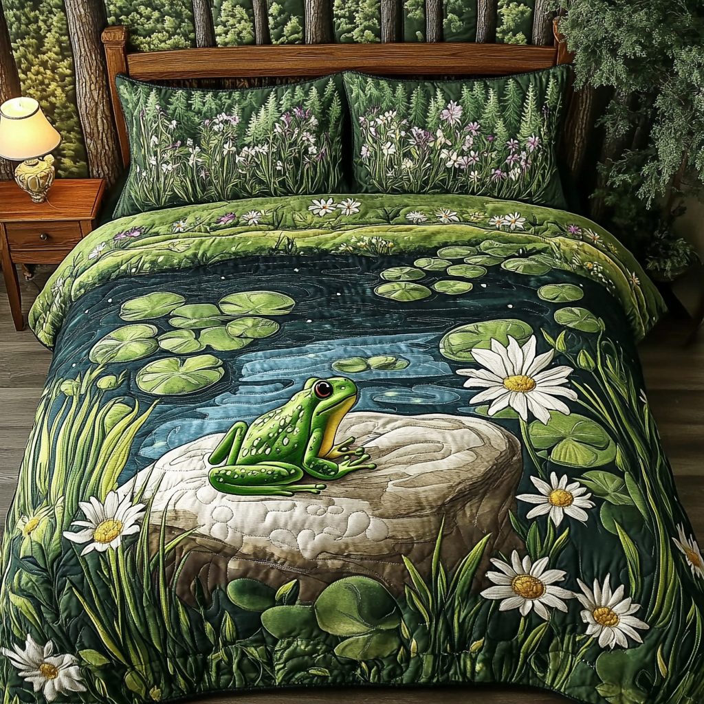 Ribbit Retreat quilted 3-piece bedding set on a made bed with two matching pillow shams