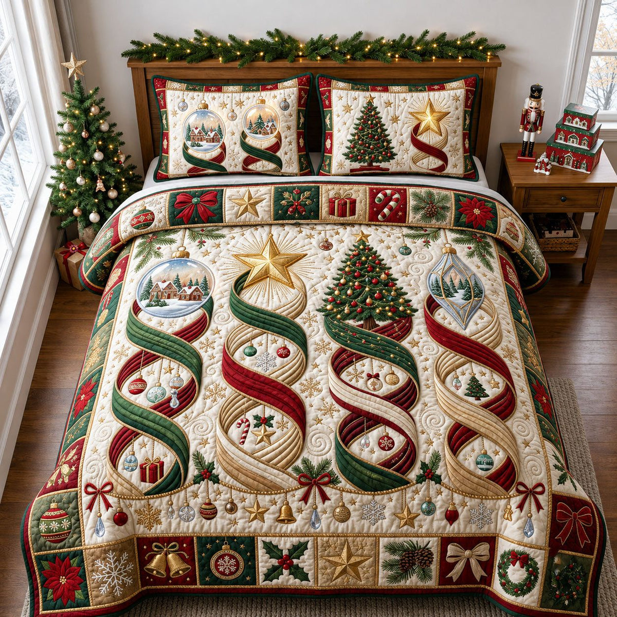 Ribbon Lane quilted 3-piece bedding set on a made bed with two matching pillow shams