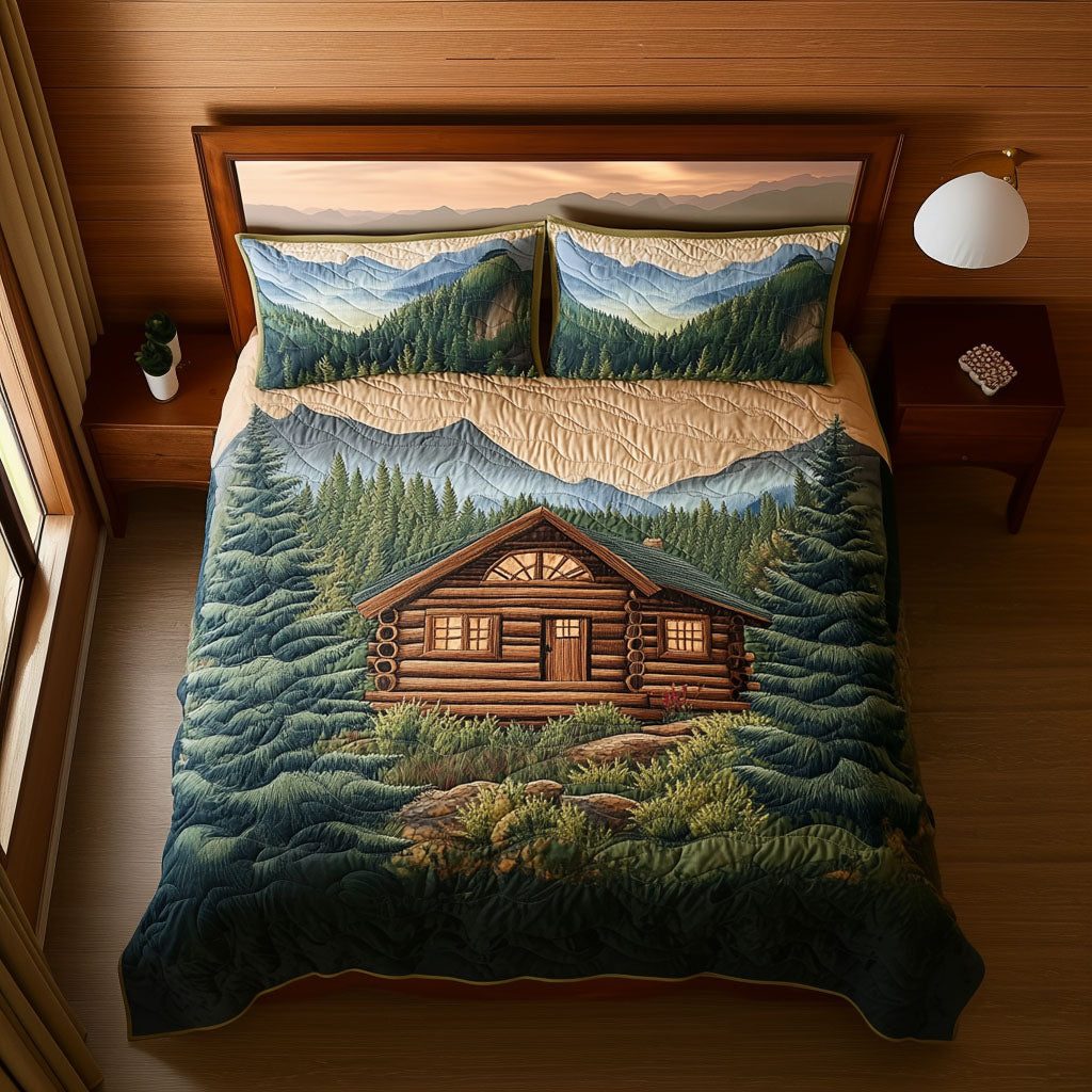 Ridge Cabin quilted 3-piece bedding set on a made bed with two matching pillow shams