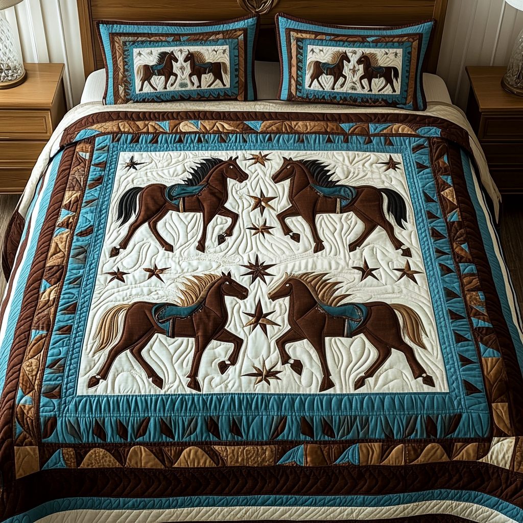 Riding Realm quilted 3-piece bedding set on a made bed with two matching pillow shams