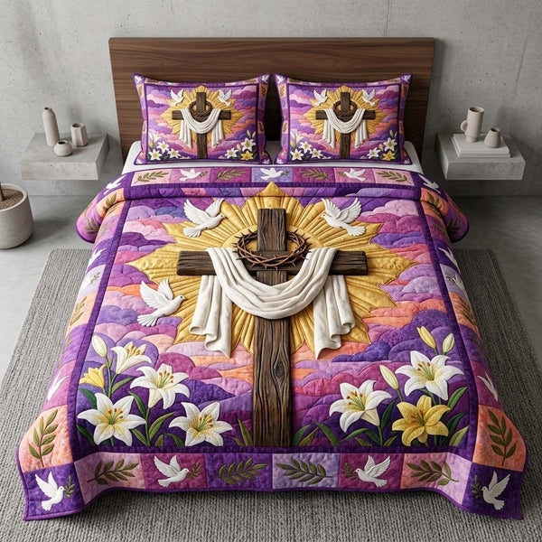 Risen Cross quilted 3-piece bedding set on a made bed in a softly lit bedroom