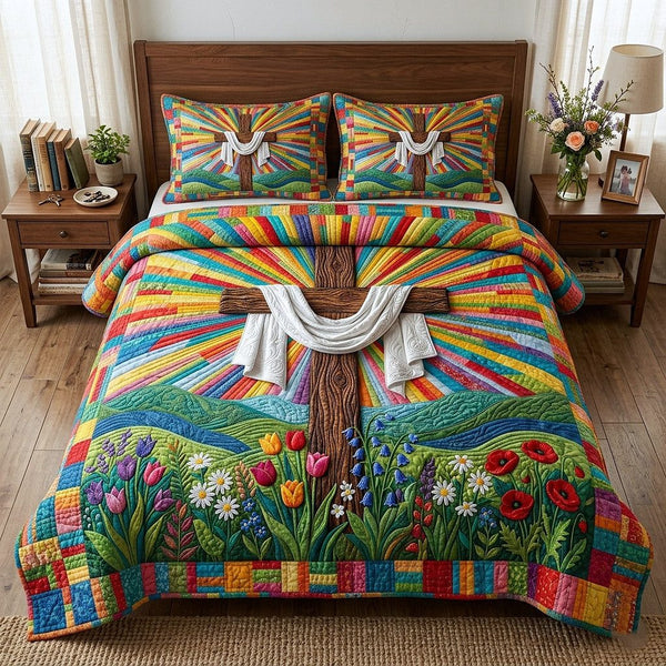 Risen Cross quilted 3-piece bedding set on a made bed in a softly lit bedroom