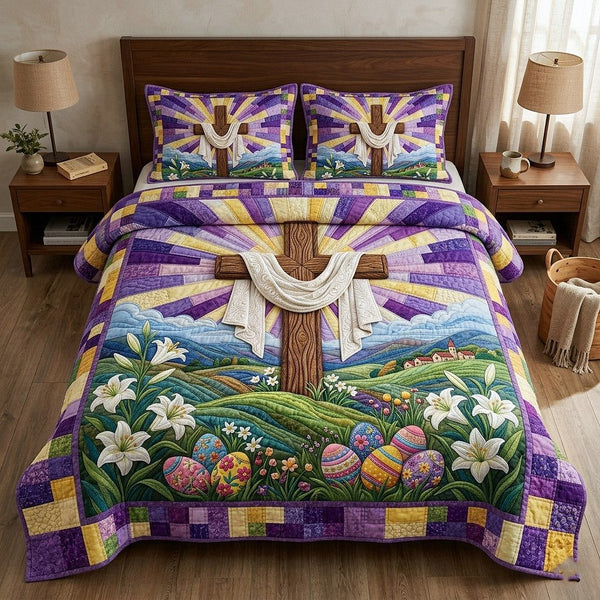 Risen Cross quilted 3-piece bedding set on a made bed in a softly lit bedroom