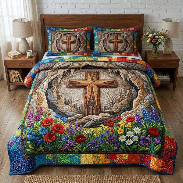 Risen Cross quilted 3-piece bedding set on a made bed in a softly lit bedroom