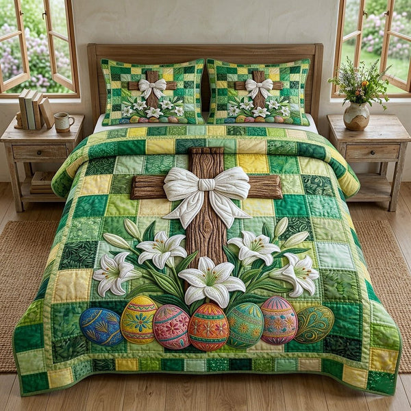 Risen Cross quilted 3-piece bedding set on a made bed in a softly lit bedroom