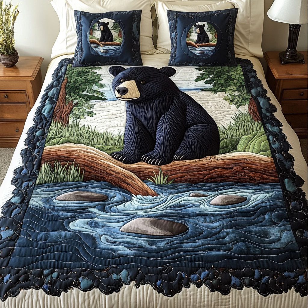 River Bear quilted 3-piece bedding set on a made bed with two matching pillow shams