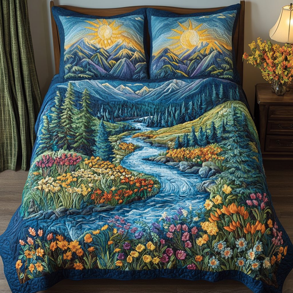 River Bloom quilted 3-piece bedding set on a made bed with two matching pillow shams