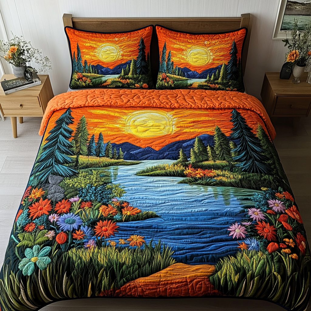 River Bright quilted 3-piece bedding set on a made bed with two matching pillow shams