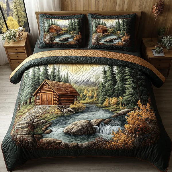 River Cabin quilted 3-piece bedding set on a made bed with two matching pillow shams
