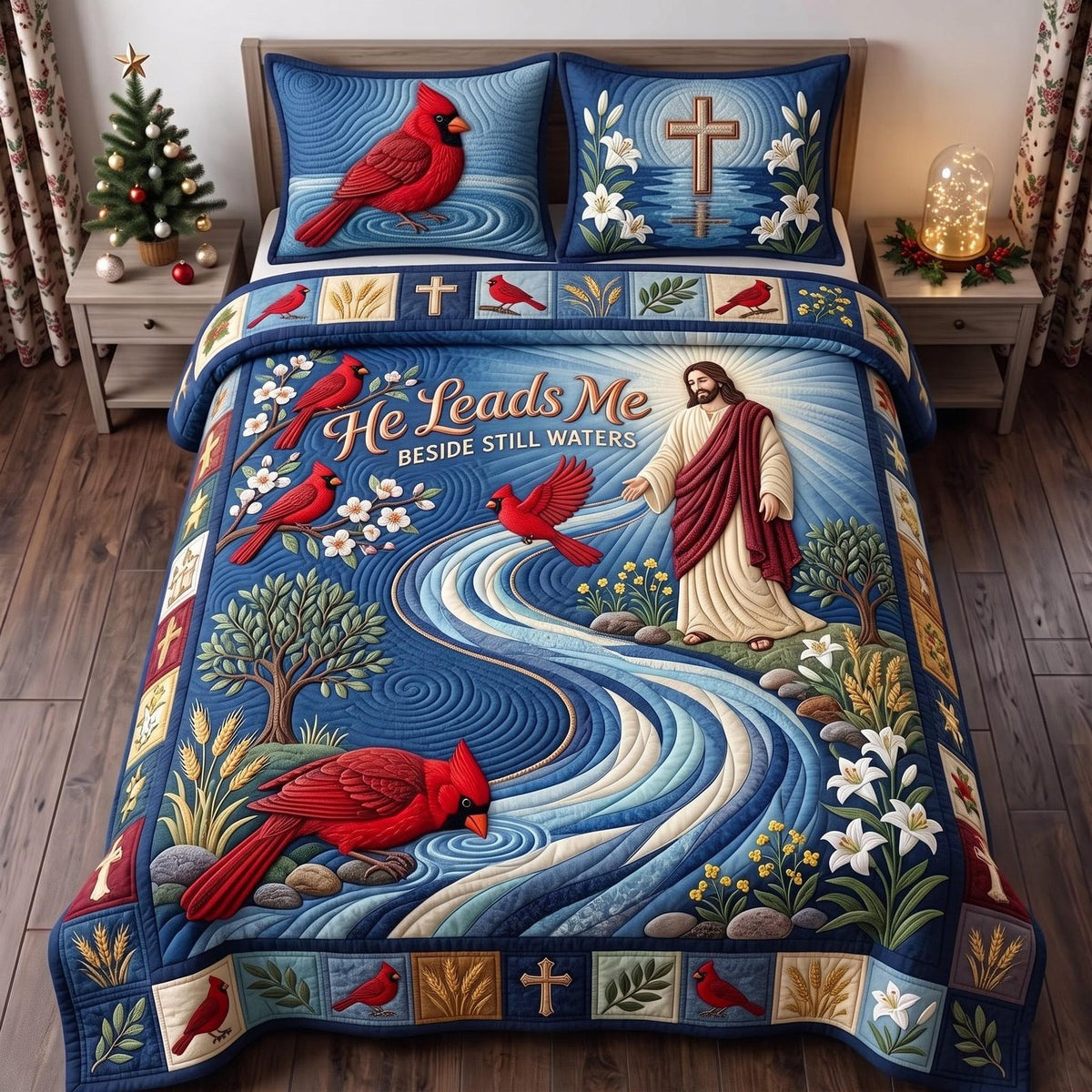 River Faith quilted 3-piece bedding set on a made bed in a softly lit bedroom