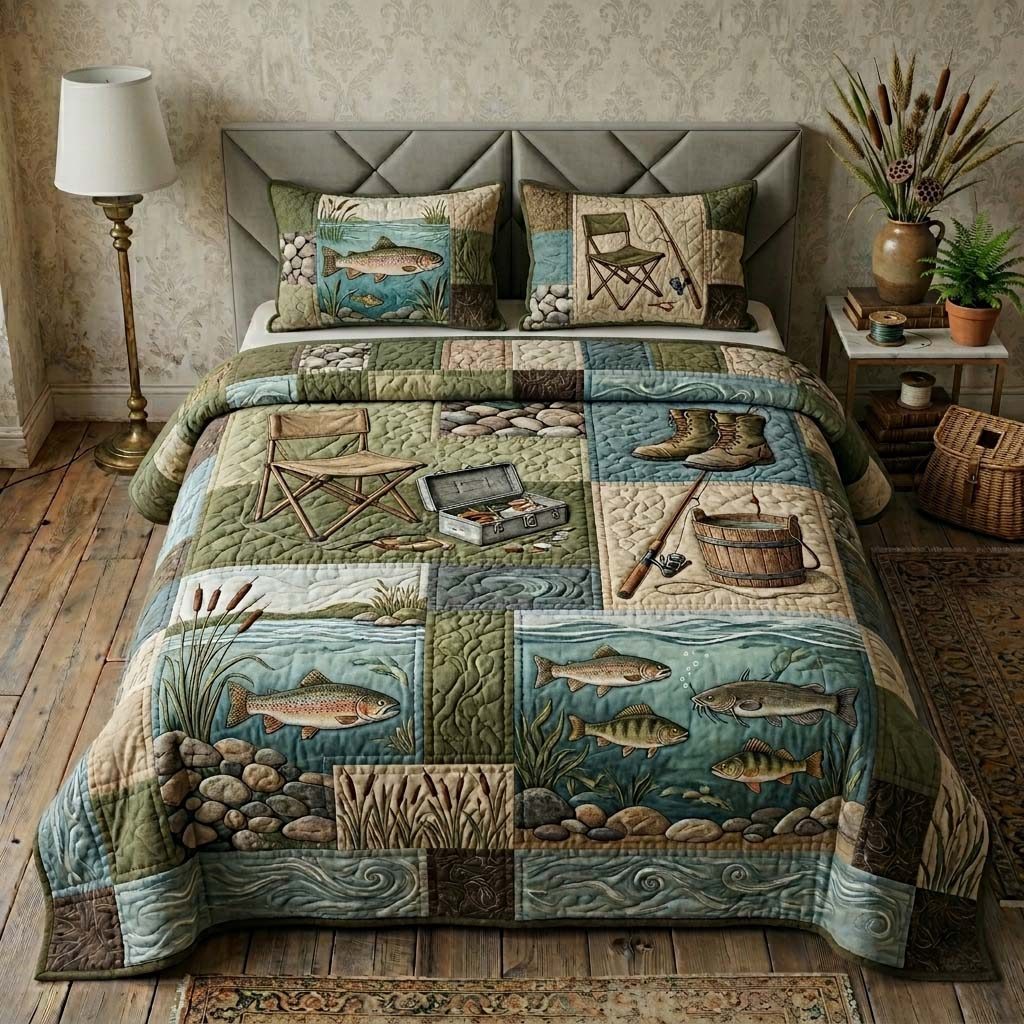 River Gear quilted 3-piece bedding set on a made bed with two matching pillow shams