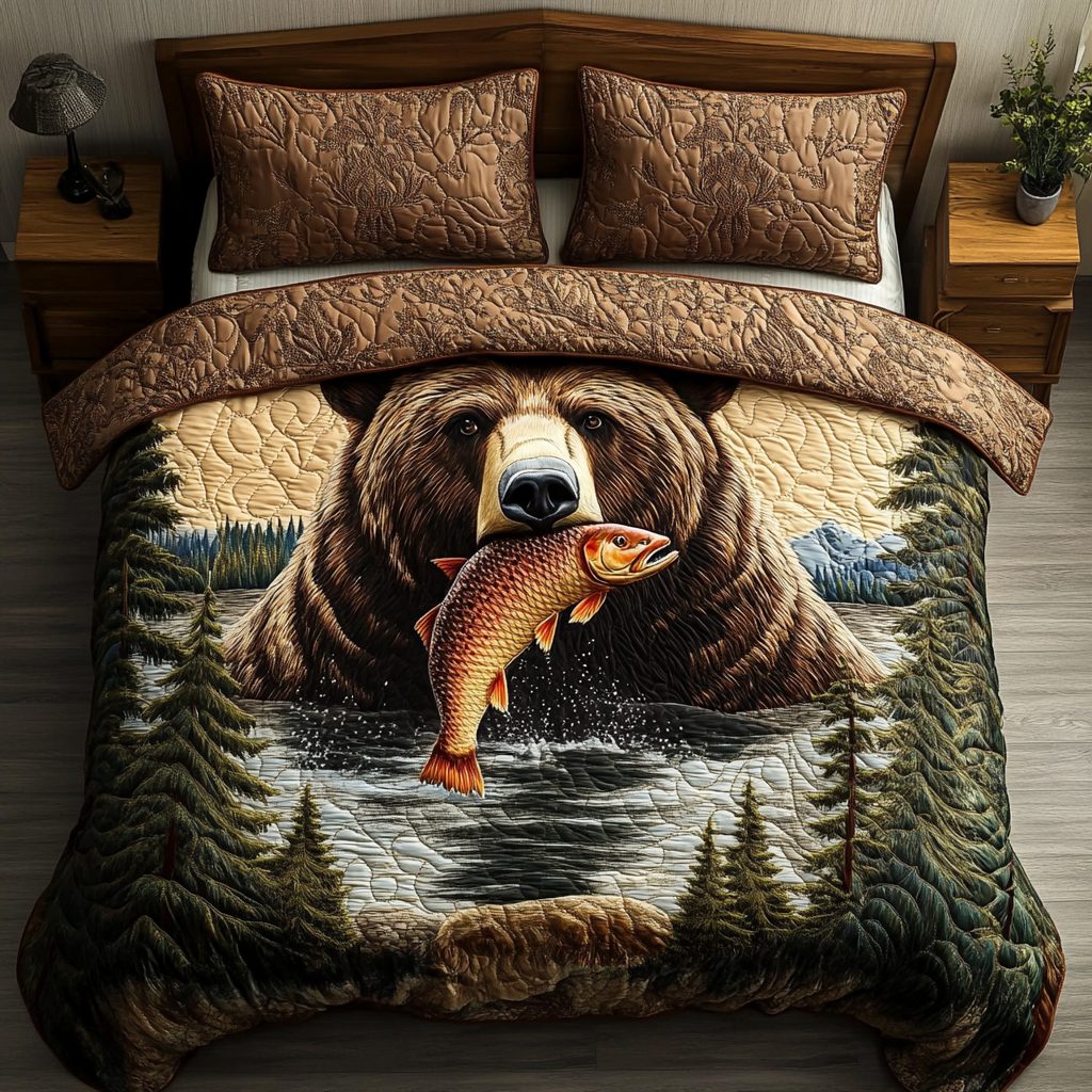 River Hunter quilted 3-piece bedding set on a made bed with two matching pillow shams