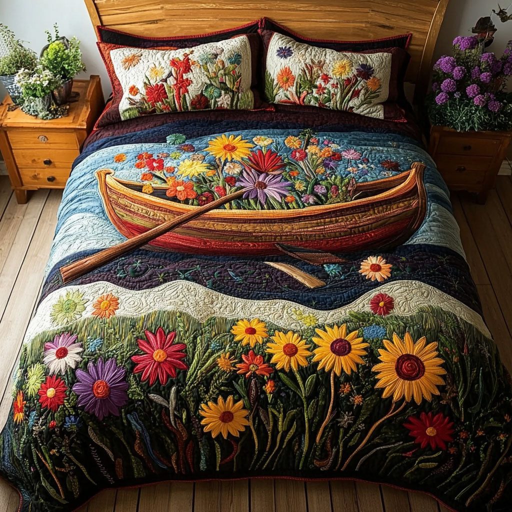 River of Blossoms quilted 3-piece bedding set on a made bed with two matching pillow shams