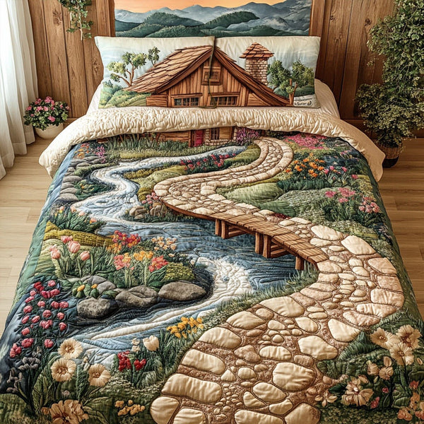 River of Flowers quilted 3-piece bedding set on a made bed with two matching pillow shams