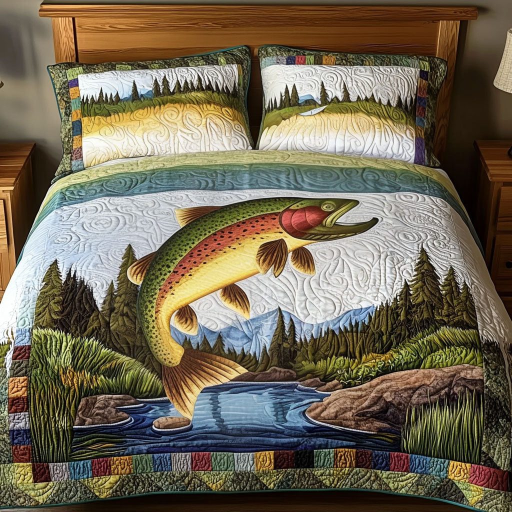 River Run quilted 3-piece bedding set on a made bed with two matching pillow shams