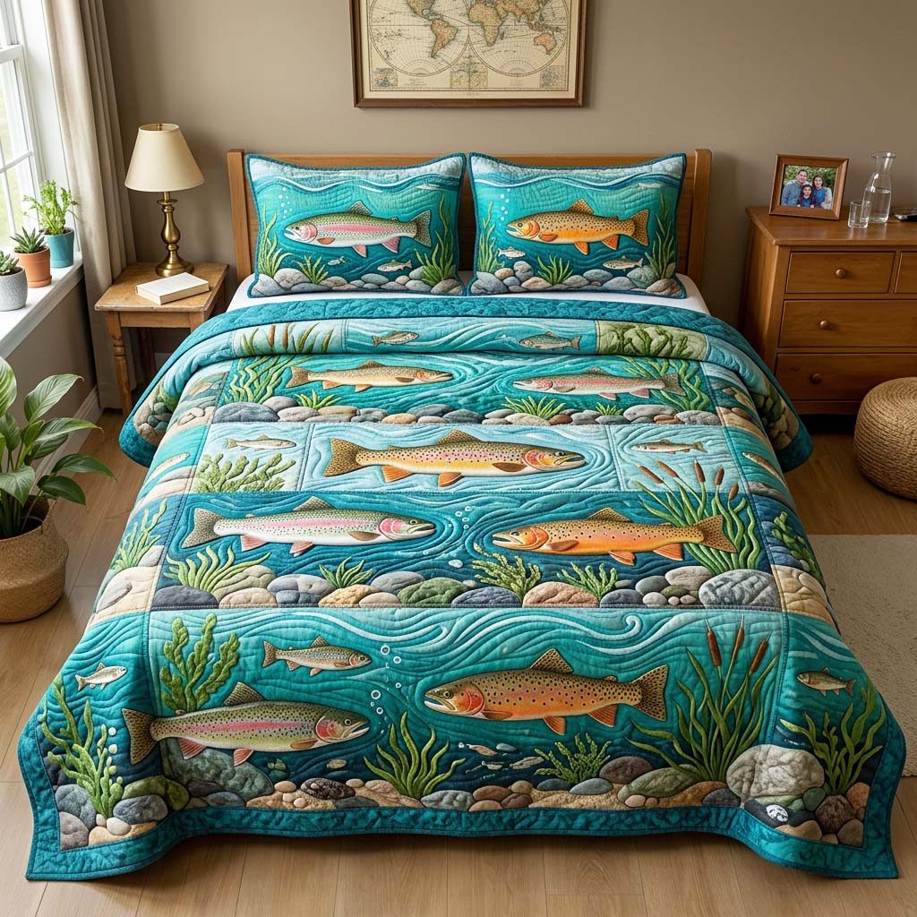 River Trout quilted 3-piece bedding set on a made bed with two matching pillow shams