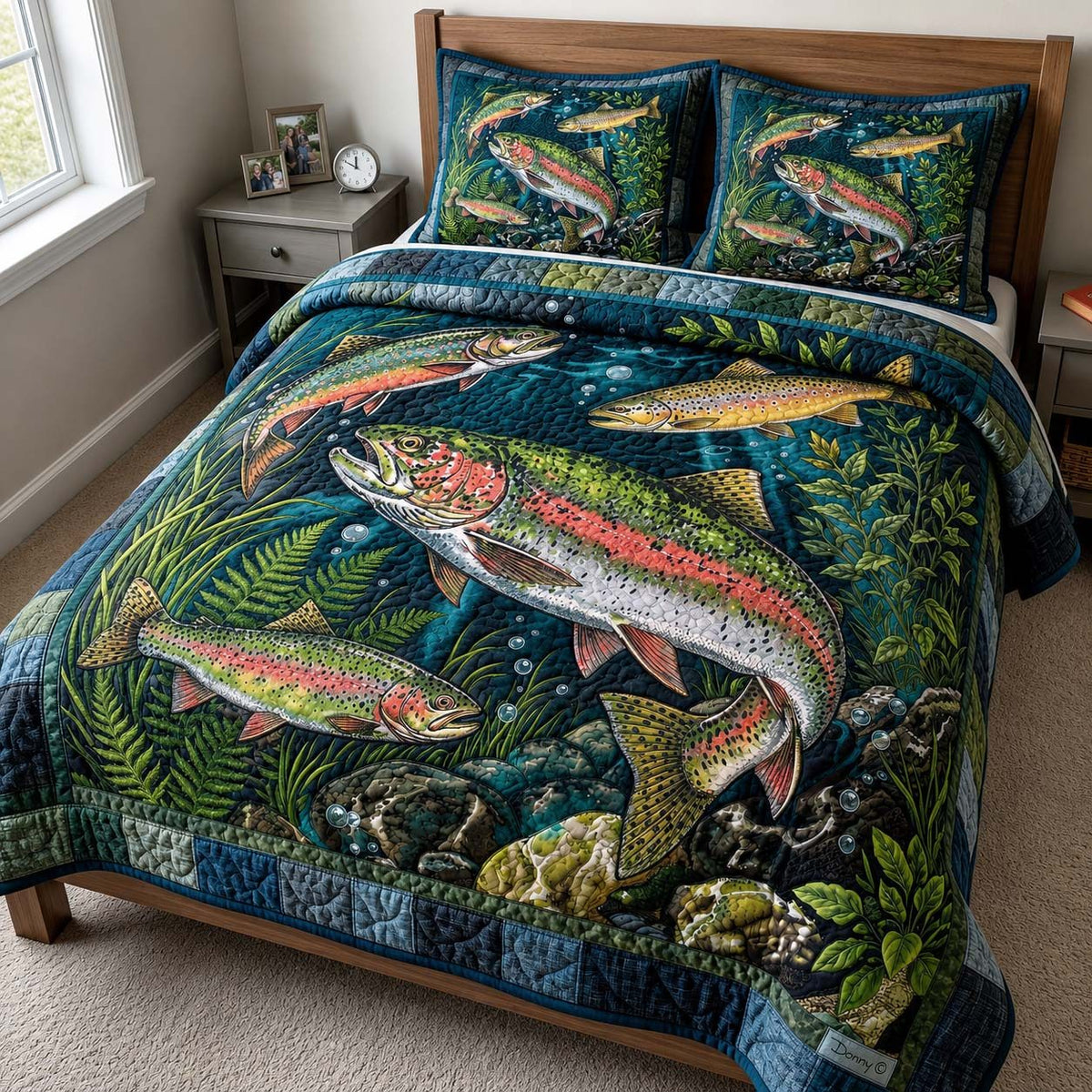 River Trout quilted 3-piece bedding set on a made bed with two matching pillow shams