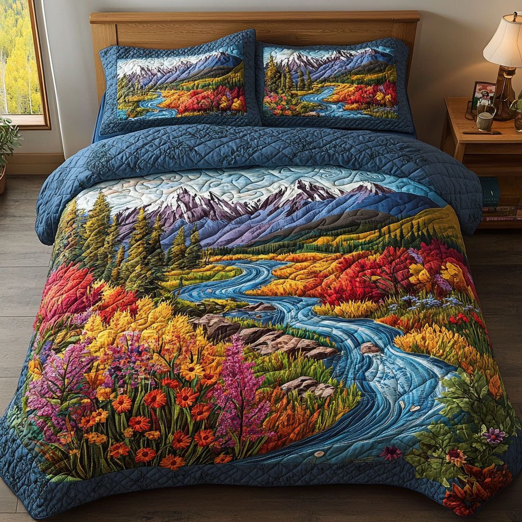River Valley Colors quilted 3-piece bedding set on a made bed with two matching pillow shams
