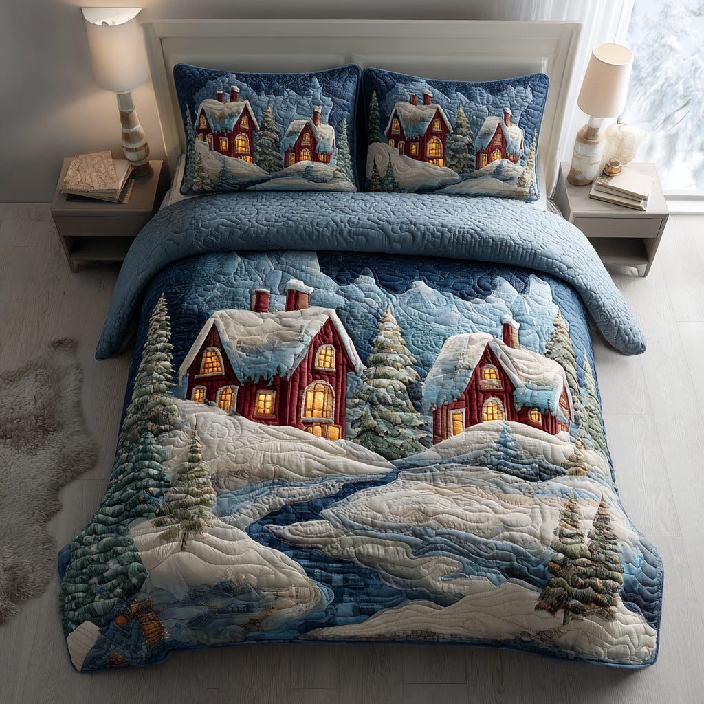 Riverbank Christmas Village quilted 3-piece bedding set on a made bed in a winter-styled bedroom