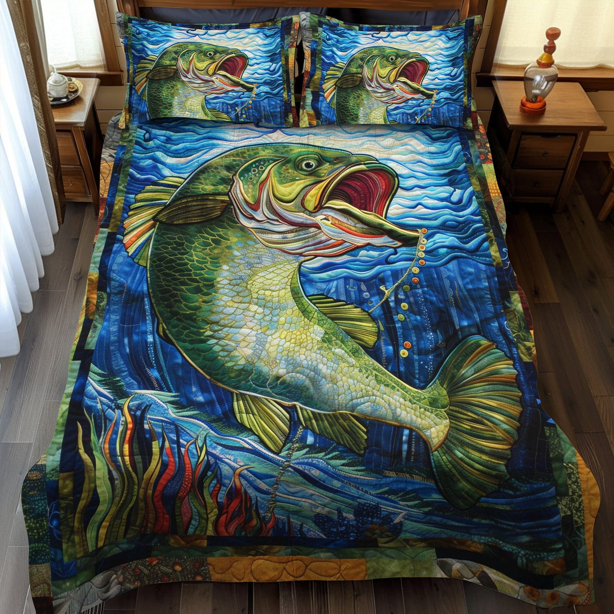 Riverbank Ruler quilted 3-piece bedding set on a made bed with two matching pillow shams