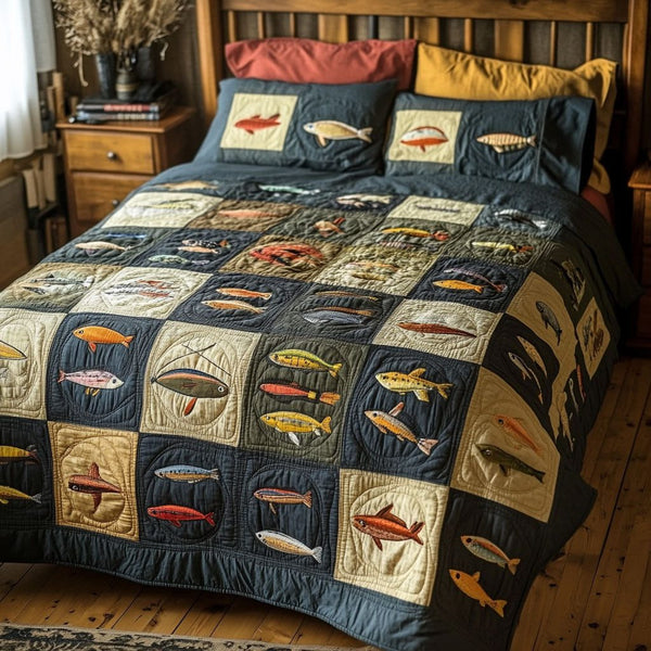 Riverbed Retreat quilted 3-piece bedding set on a made bed with two matching pillow shams