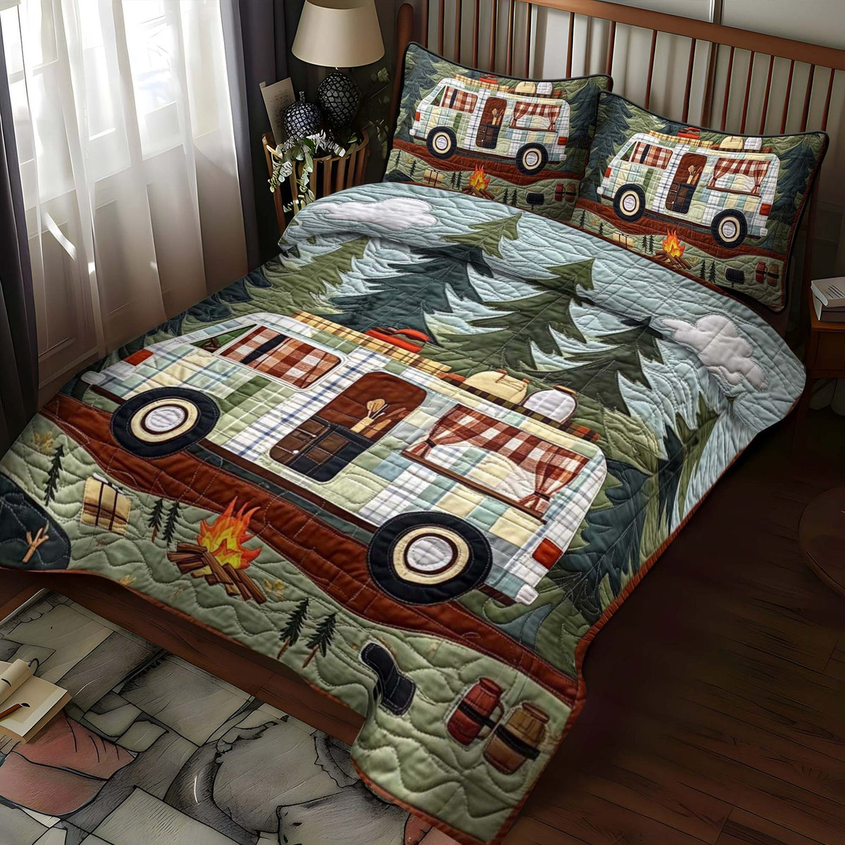 Riverbend Camp quilted 3-piece bedding set on a made bed with two matching pillow shams
