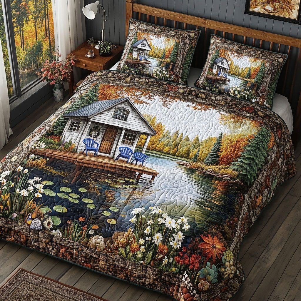 Riverbend Refuge quilted 3-piece bedding set on a made bed with two matching pillow shams