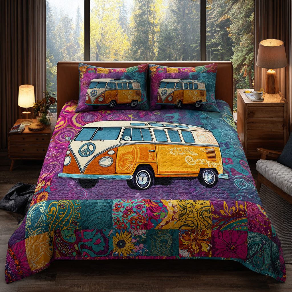 Road Groove quilted 3-piece bedding set on a made bed with two matching pillow shams