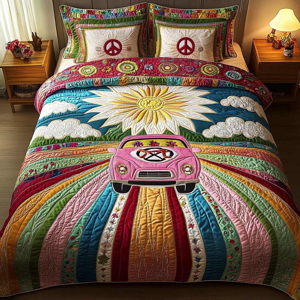 Road to Harmony quilted 3-piece bedding set on a made bed with two matching pillow shams