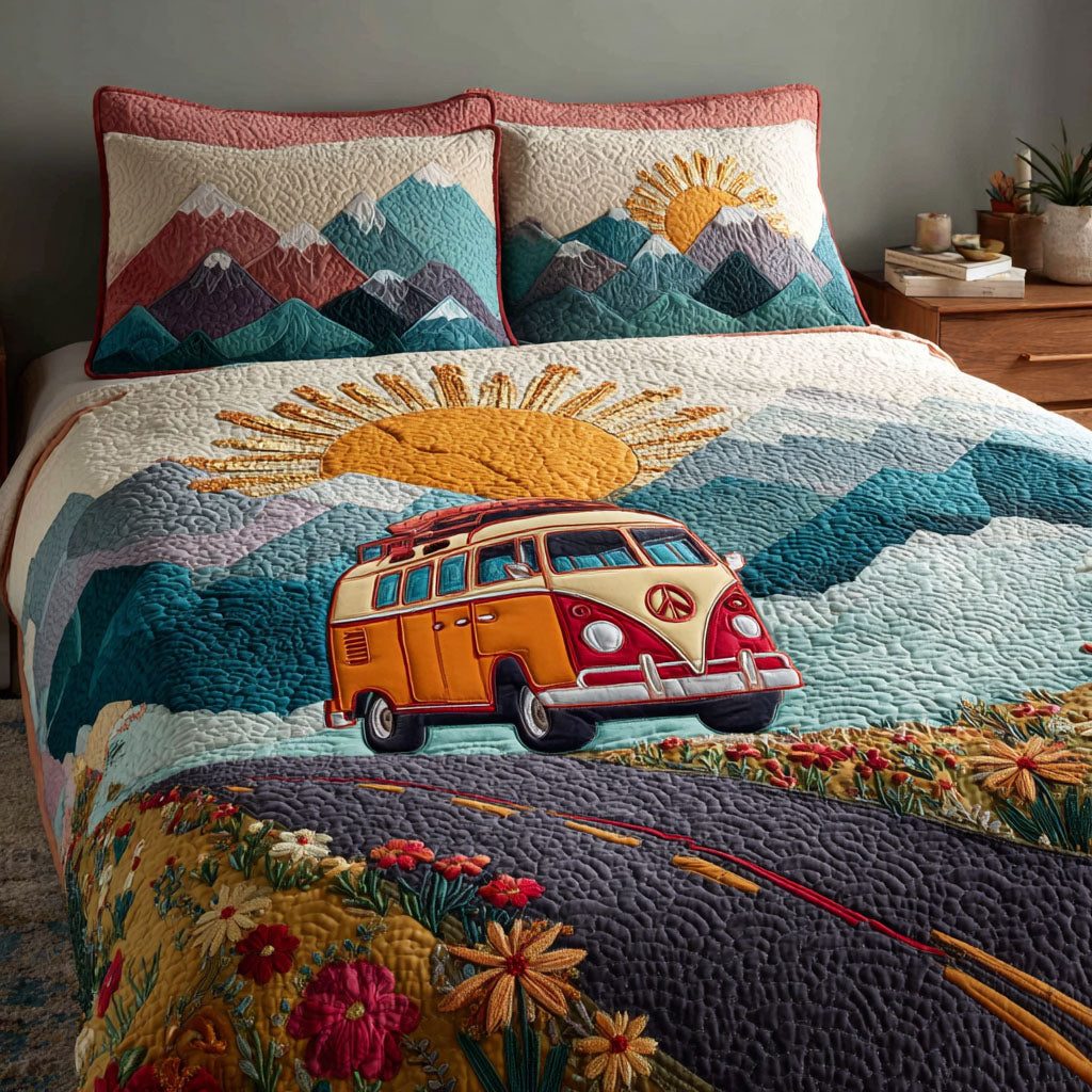 Road Trip quilted 3-piece bedding set on a made bed with two matching pillow shams