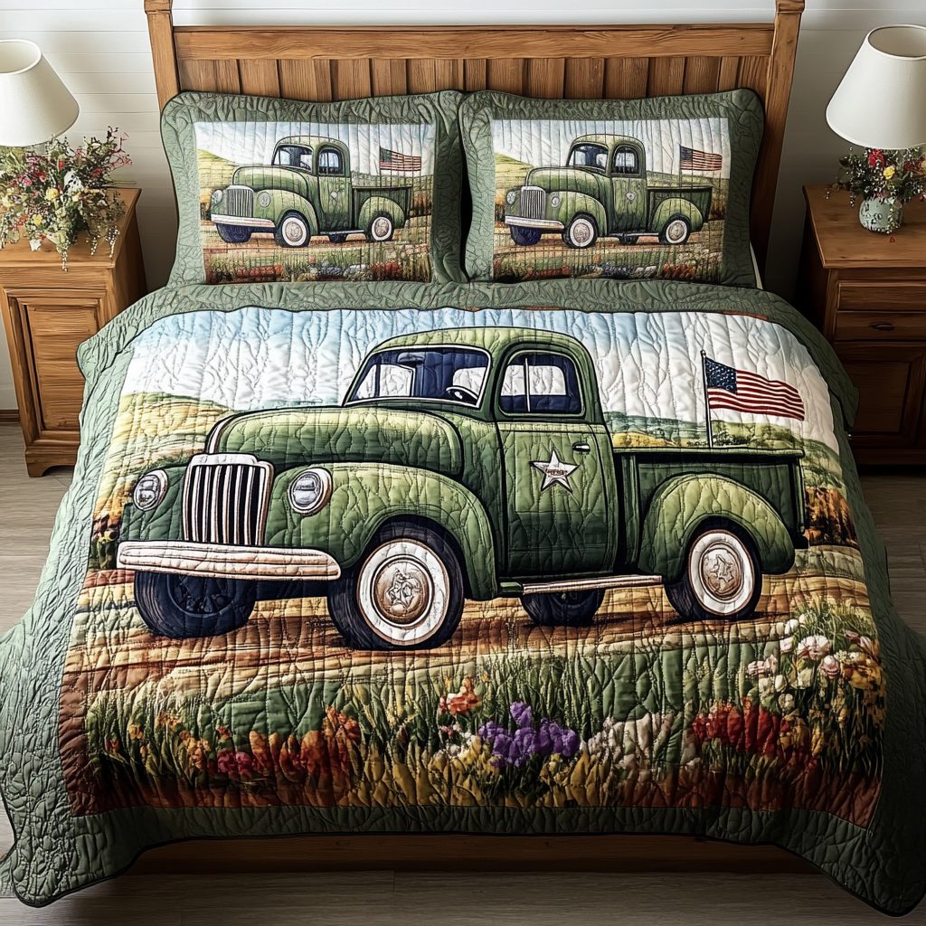 Roadside Beauty quilted 3-piece bedding set on a made bed with two matching pillow shams