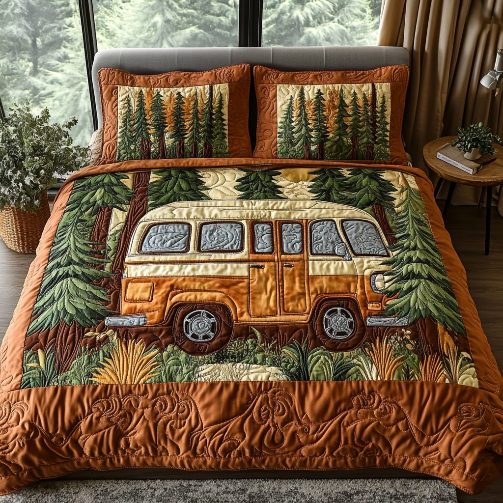 Roadside Getaway quilted 3-piece bedding set on a made bed with two matching pillow shams