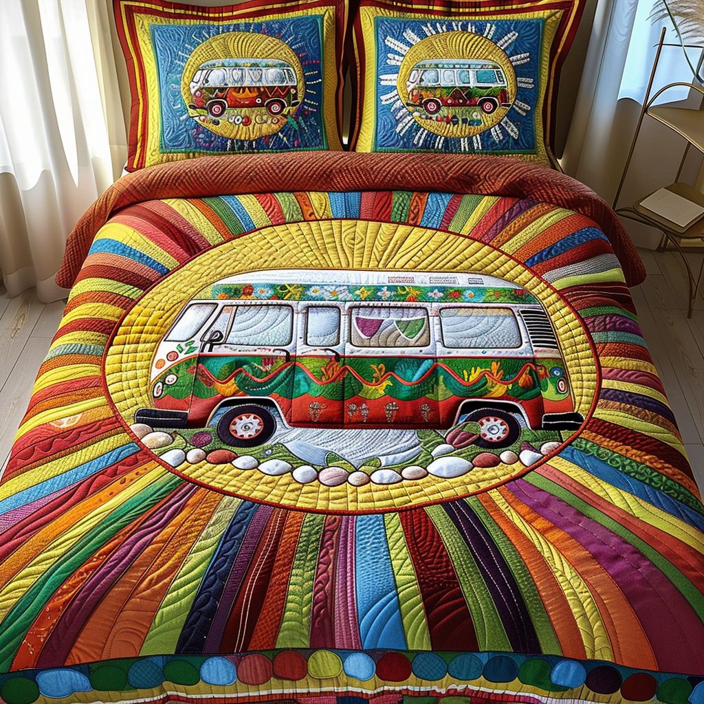 Roadtrip Dreams quilted 3-piece bedding set on a made bed with two matching pillow shams
