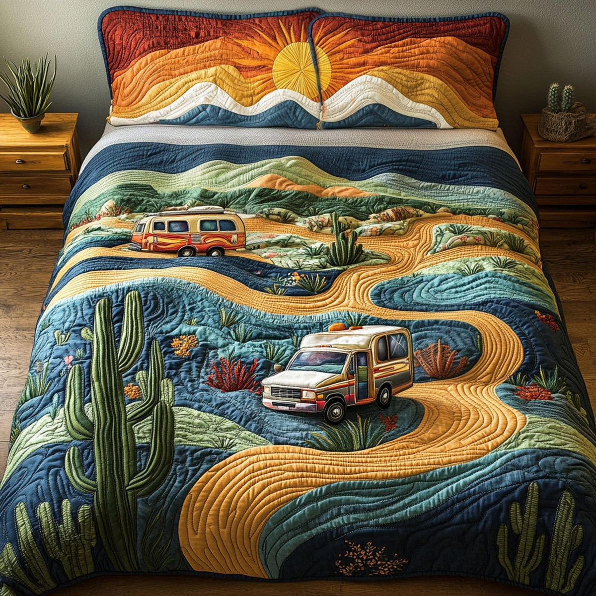 Roadtrip Vibes quilted 3-piece bedding set on a made bed with two matching pillow shams