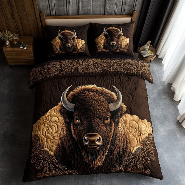 Roaming Spirit quilted 3-piece bedding set on a made bed with two matching pillow shams