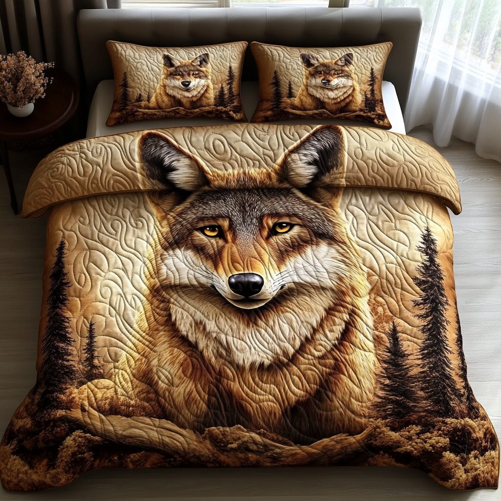 Roaming Trickster quilted 3-piece bedding set on a made bed with two matching pillow shams