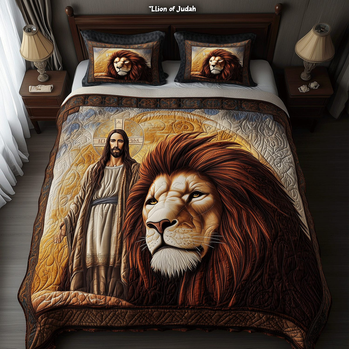 Roar of Faith quilted 3-piece bedding set on a made bed in a softly lit bedroom
