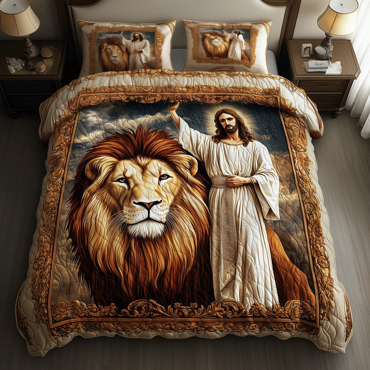 Roar of Glory quilted 3-piece bedding set on a made bed with two matching pillow shams