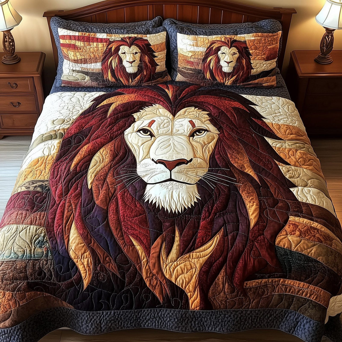 Roarbreaker Lion quilted 3-piece bedding set on a made bed with two matching pillow shams